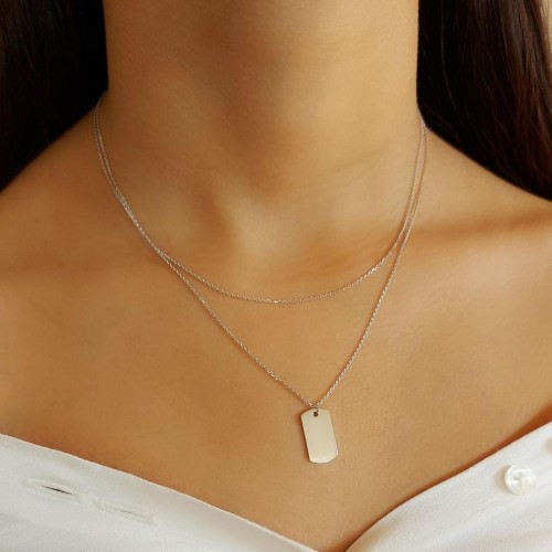 İki Zincirli Düz Plaka Gümüş Bayan Kolye - CNG Jewels (1)