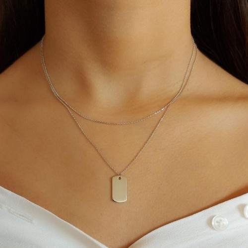 İki Zincirli Düz Plaka Gümüş Kadın Kolye - CNG Jewels