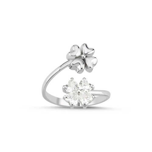 Double Four Leaf Clover Silver Women's Ring - CNG Jewels