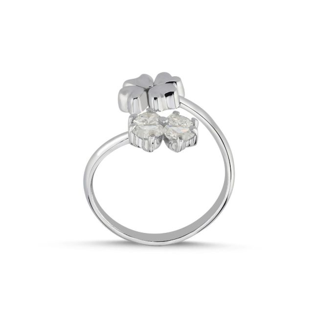 İkili Dört Yaprak Yonca Kadın Gümüş Yüzük - 3