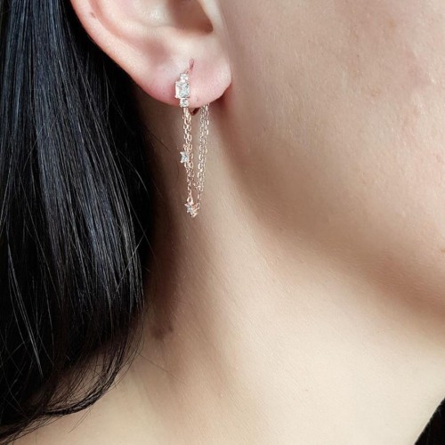 İkili Zincirli Taşlı Halka Rose Gümüş Bayan Küpe - CNG Jewels
