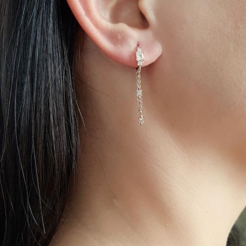 İkili Zincirli Taşlı Halka Rose Gümüş Bayan Küpe - CNG Jewels (1)