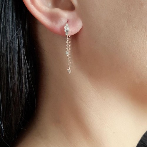 İkili Zincirli Taşlı Halka Rose Gümüş Kadın Küpe - 3