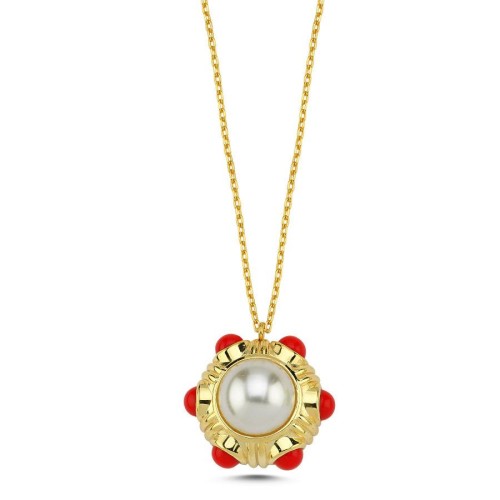 İnci Mercan Vintage Gold Gümüş Kadın Kolye - CNG Jewels