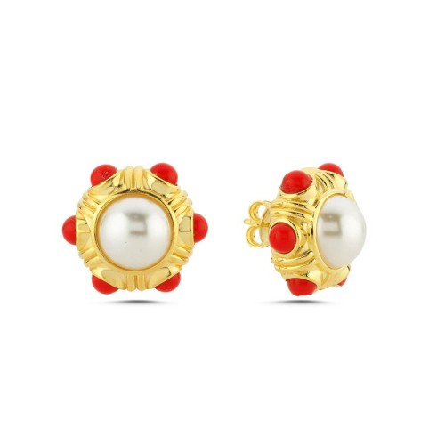 İnci Mercan Vintage Gold Gümüş Kadın Küpe - CNG Jewels