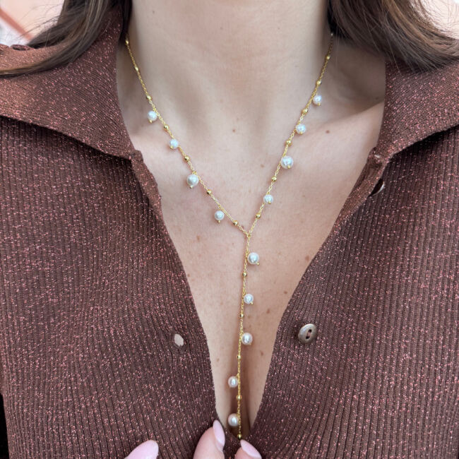 İnci Sallantılı Y Charm Gümüş Kolye - 2