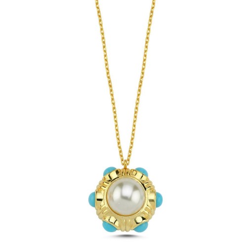 İnci Turkuaz Vintage Gold Gümüş Kadın Kolye - CNG Jewels