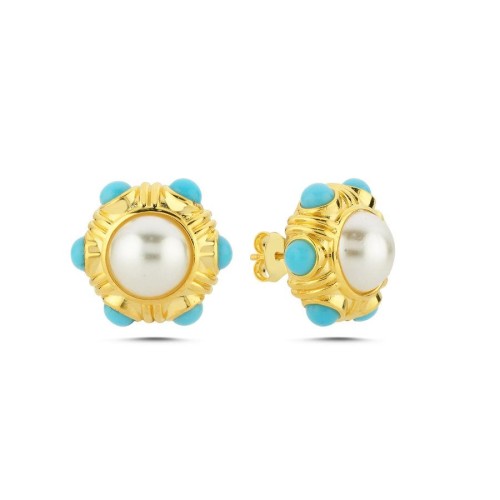 İnci Turkuaz Vintage Gold Gümüş Kadın Küpe - CNG Jewels