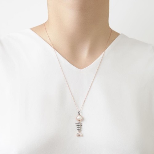 İncili Balık Kılçığı Rose Gümüş Kadın Kolye - CNG Jewels