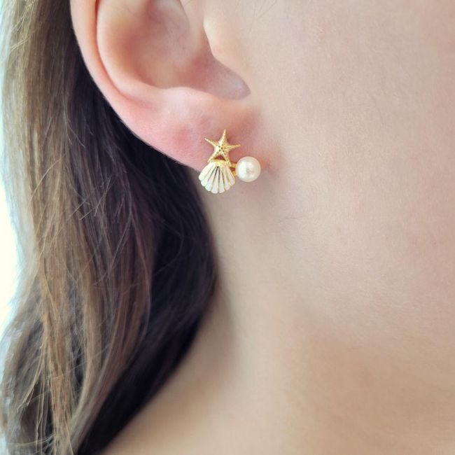 İstiridye Deniz Yıldızı Tektaş İncili Gold Gümüş Küpe - 1