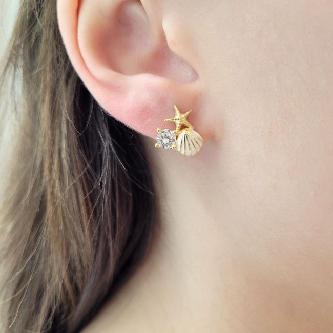 İstiridye Deniz Yıldızı Tektaş İncili Gold Gümüş Küpe - 2