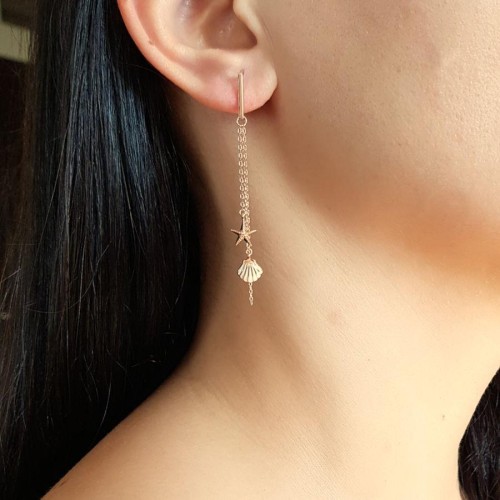 İstiridye Deniz Yıldızı Zincir Kadın Gümüş Küpe - CNG Jewels