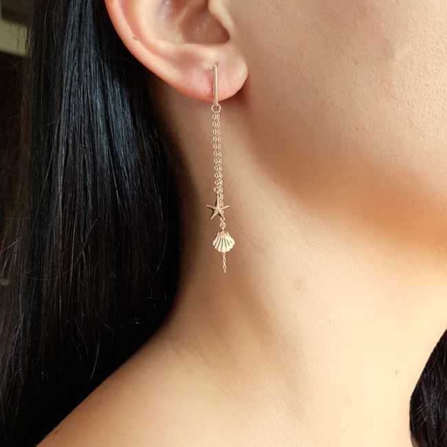 İstiridye Deniz Yıldızı Zincir Kadın Gümüş Küpe - 1