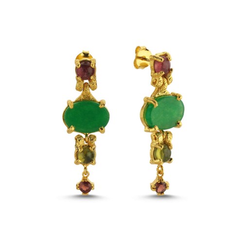 Jade Mix Taşlı Tasarım Kadın Gümüş Küpe - CNG Jewels