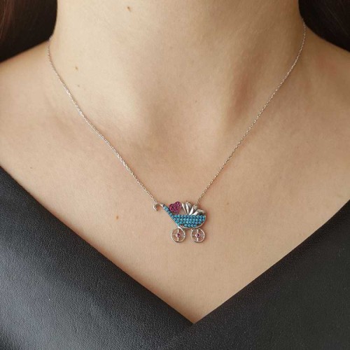 Kalpli Bebek Arabası Puset Gümüş Bayan Kolye - CNG Jewels