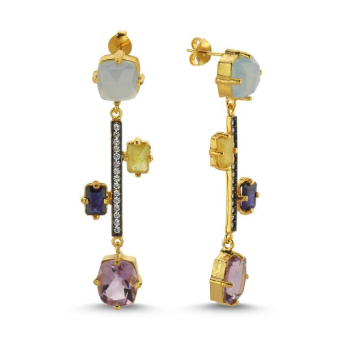 Kalsedon Ametist Safir Taşlı Tasarım Kadın Gümüş Küpe - CNG Jewels