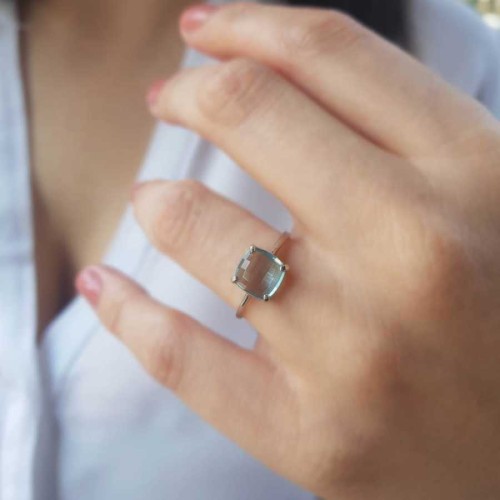 Square Aquamarine Stone Silver Women's Ring 