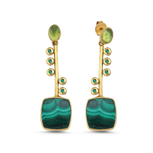 Kare Malahit Sallantılı Özel Tasarım Kadın Gümüş Küpe - CNG Jewels