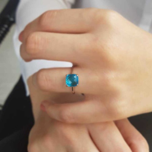 Square Blue Topaz Stone Silver Women's Ring 
