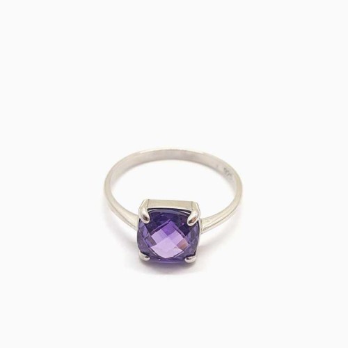 Square Amethyst Stone Silver Women's Ring 