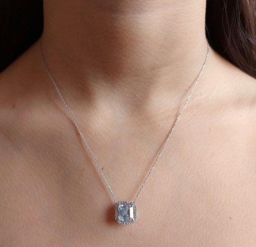 Kare Tektaş Oktagon Anturaj Pırlanta Modeli Gümüş Bayan Kolye - CNG Jewels