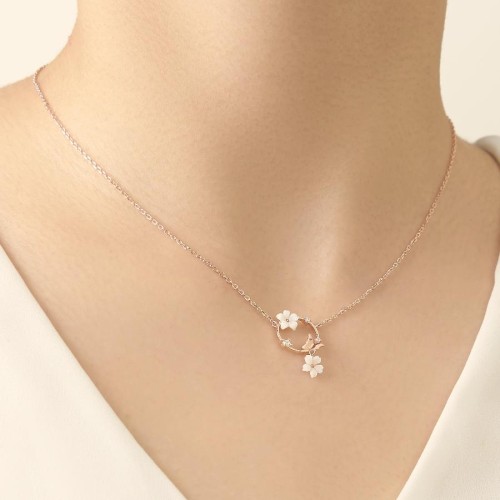 Kelebek ve Çiçekli Rose Gümüş Bayan Kolye - CNG Jewels