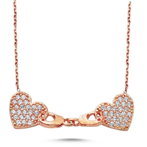 Kelepçeli İki Kalp Gümüş Bayan Kolye - CNG Jewels
