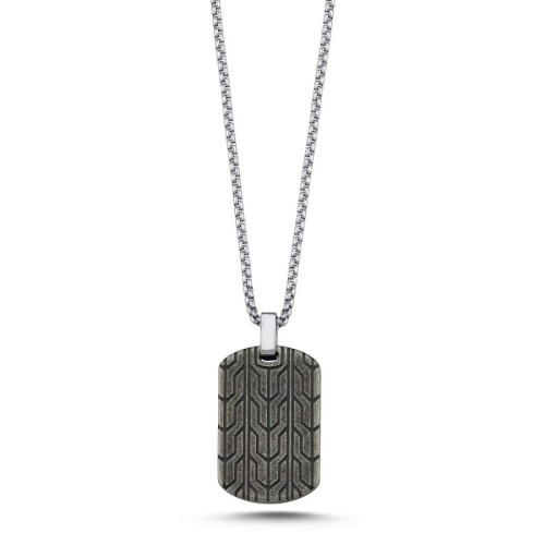 Kilim Desen Eskitme Plaka Künye Çelik Erkek Kolye - CNG Jewels