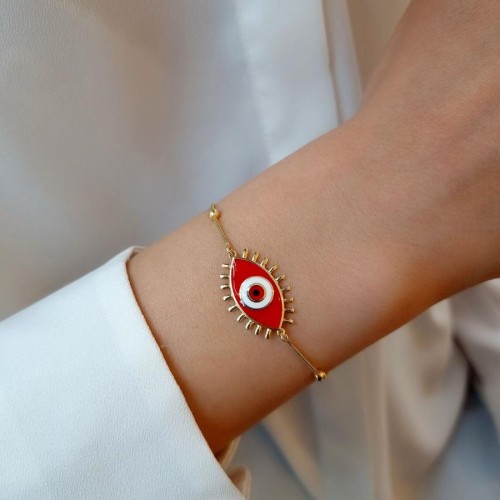Kırmızı Badem Kirpikli Göz Gümüş Kadın Bileklik - CNG Jewels