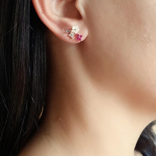 Kırmızı Beyaz Mavi Taşlı Beyaz Çiçek Buketi Gümüş Küpe - CNG Jewels