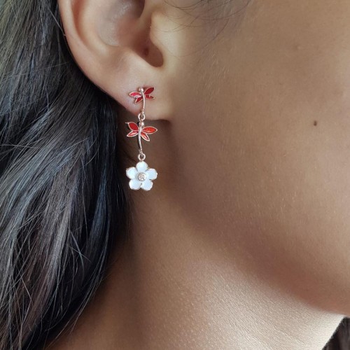 Kırmızı Mineli Yusufçuk ve Menekşe Çiçeği Gümüş Bayan Küpe - CNG Jewels