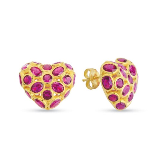 Kırmızı Taşlı Kalp Gold Kadın Gümüş Küpe - CNG Jewels