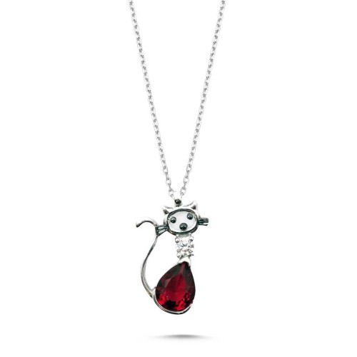 Kırmızı Taşlı Kedi Gümüş Kadın Kolye - CNG Jewels