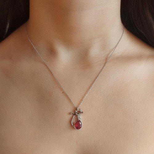 Kırmızı Taşlı Kedi Gümüş Kadın Kolye - CNG Jewels (1)