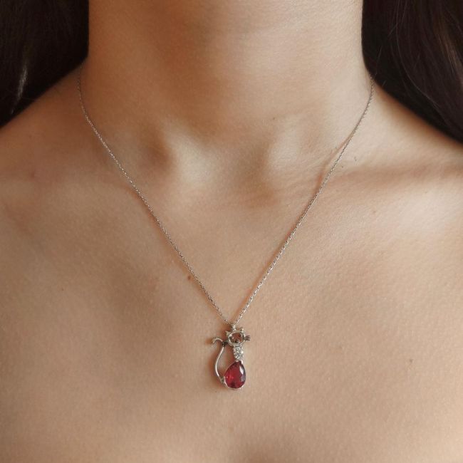 Kırmızı Taşlı Kedi Gümüş Kadın Kolye - 2