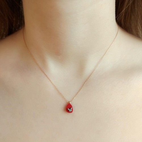 Kırmızı Taşlı Kelebek Minimal Tasarım Gümüş Bayan Kolye - CNG Jewels
