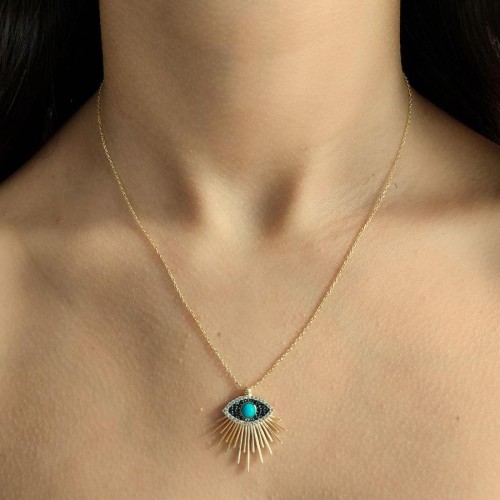 Kirpikli Badem Göz Gold Gümüş Bayan Kolye - CNG Jewels