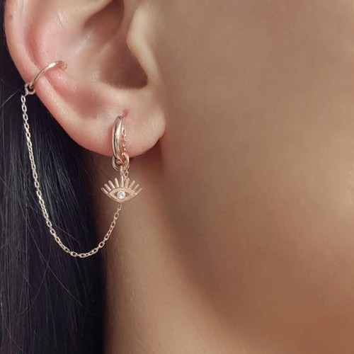 Kirpikli Göz Zincirli Kıkırdak Rosegold Gümüş Bayan Küpe - CNG Jewels