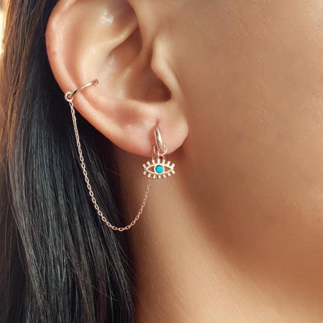 Kirpikli Turkuaz Göz Zincirli Rose Kıkırdak Gümüş Küpe - 1