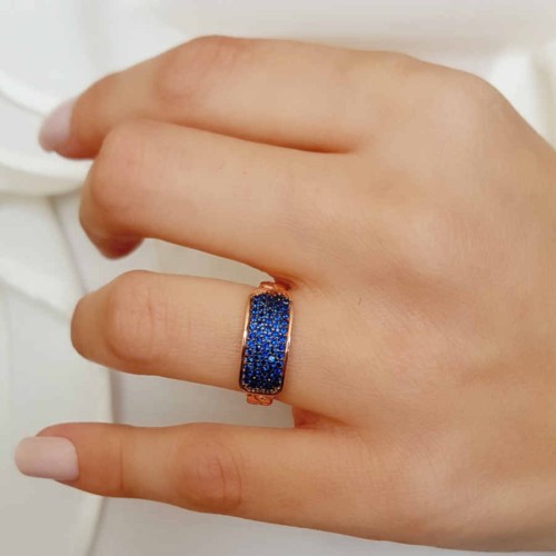 Kolu Zincir Desenli Mavi Taşlı Gümüş Bayan Yüzük - CNG Jewels