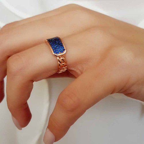 Kolu Zincir Desenli Mavi Taşlı Gümüş Kadın Yüzük - CNG Jewels (1)