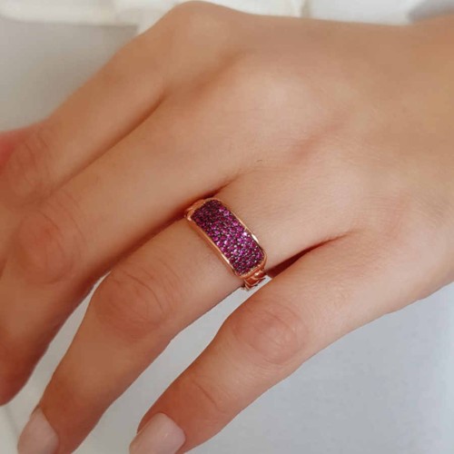 Kolu Zincir Desenli Pembe Taşlı Gümüş Bayan Yüzük - CNG Jewels