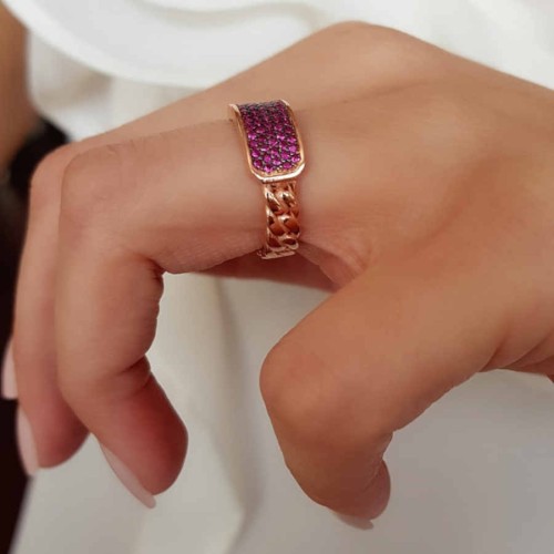 Kolu Zincir Desenli Pembe Taşlı Gümüş Bayan Yüzük - CNG Jewels (1)
