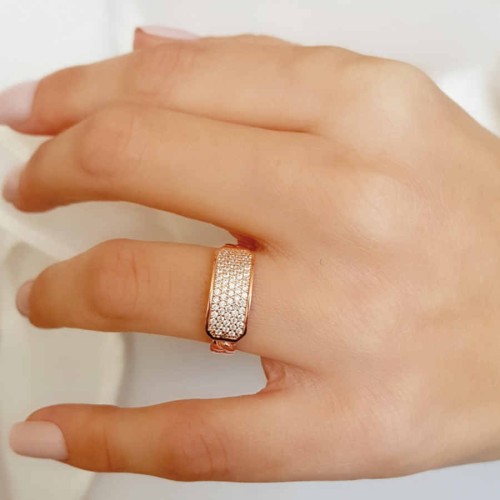 Kolu Zincir Desenli Taşlı Rosegold Gümüş Kadın Yüzük 