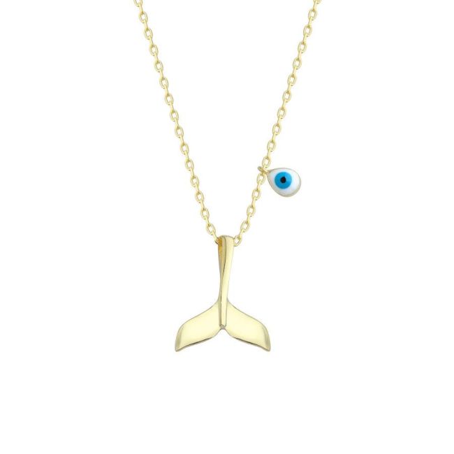 Küçük Balina Kuyruğu Nazar Gözlü Gold Kadın Gümüş Kolye - 1