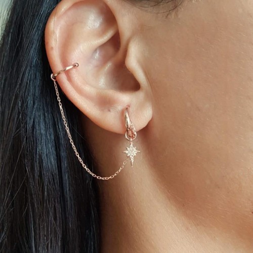 Kutup Yıldızlı Zincirli Kıkırdak Rosegold Gümüş Bayan Küpe - CNG Jewels