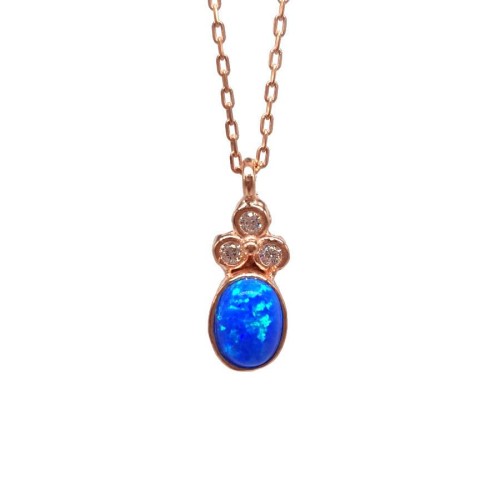 Small Blue Opal Stone Silver Women's Necklace 