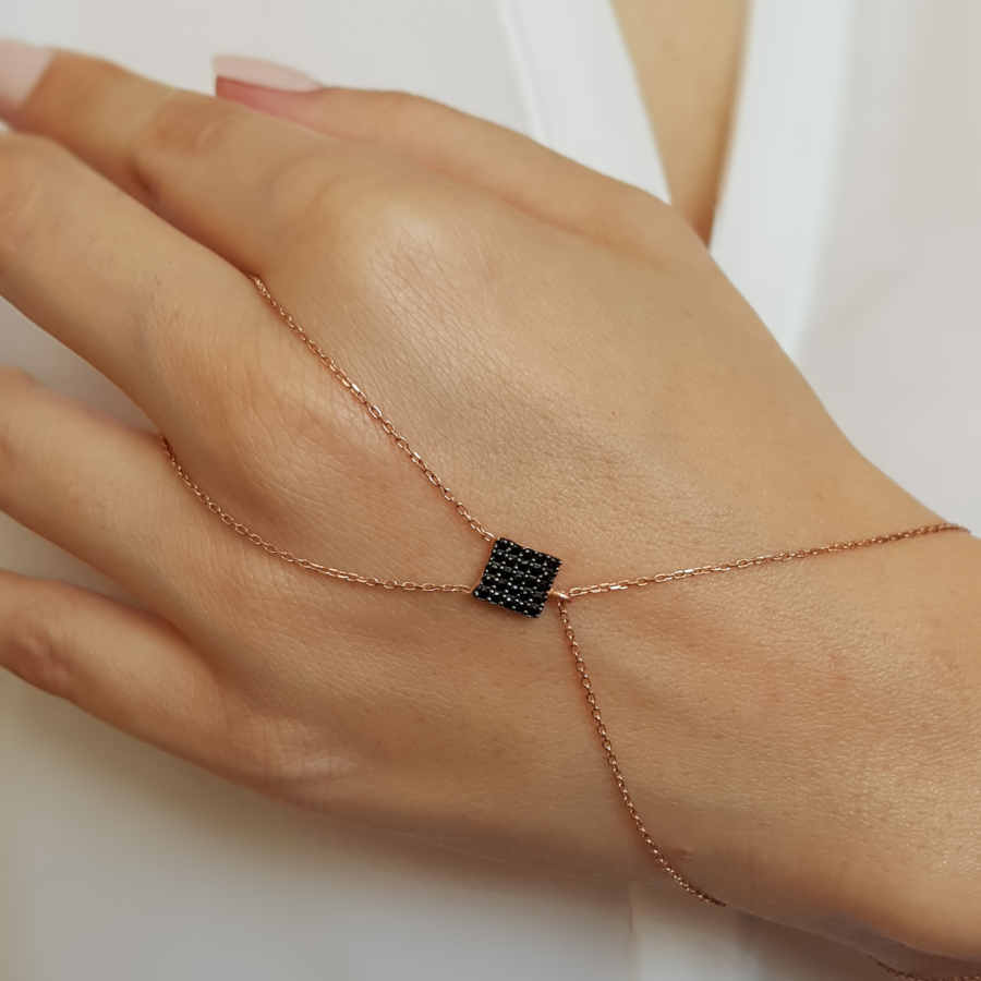 Square Silver Shahmaran Bracelet with Small Black Stones - CNG Jewels