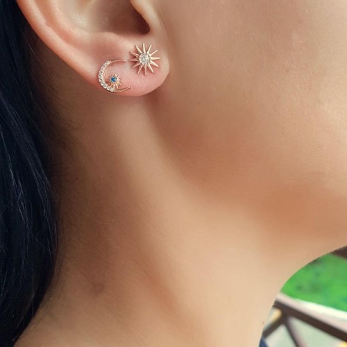 Küçük Taşlı Ay Yıldız Rose Gümüş Bayan Küpe - CNG Jewels
