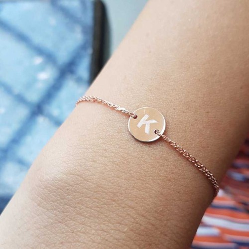 Küçük Yuvarlak Plaka K Harfi Rose Gold Gümüş Bayan Bileklik 
